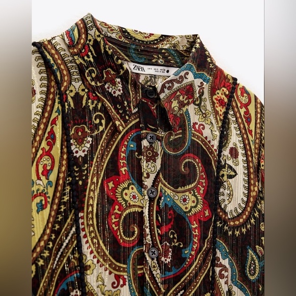 Zara Alabama Belted Midi Shirt Dress Women’s Medium Gold Paisley Lurex Button Up - Picture 3 of 13